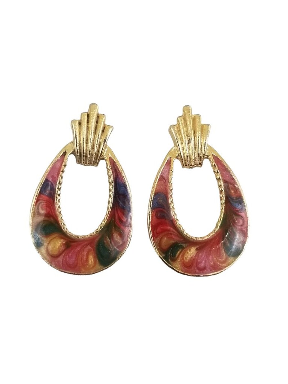 Vintage Made in USA Drop Stud Earrings 90s Multicolor Enamel Swirl Teardrop
